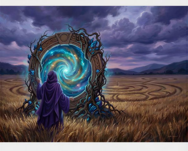 Wizard in Purple Robe Before Ancient Glowing Portal