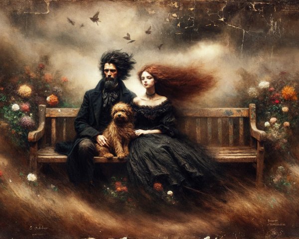 Couple on Antique Bench Amidst Dramatic Atmosphere