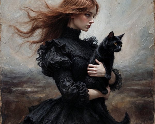 Young woman in black dress with a black cat