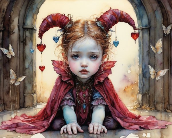 Young girl in crimson cape in a whimsical setting