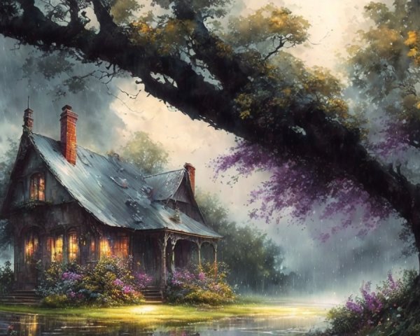 Rustic cottage by tranquil pond with lush greenery