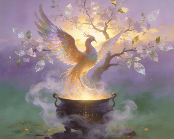Vibrant Phoenix Rising from Glowing Cauldron Scene