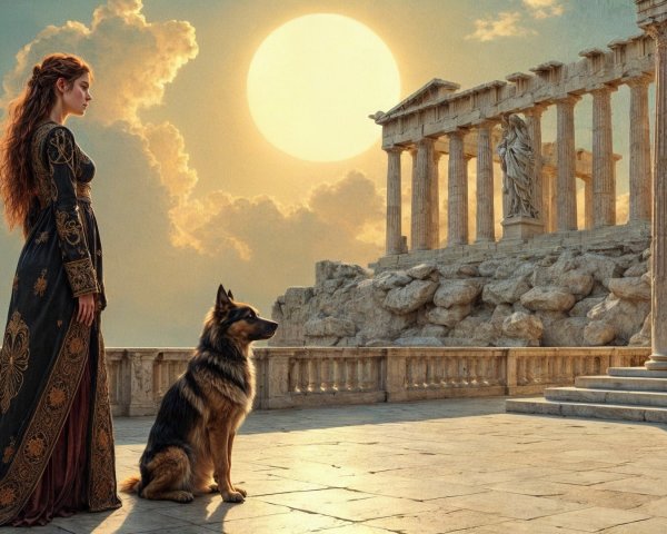 Woman in Black Gown by Ancient Temple at Sunset