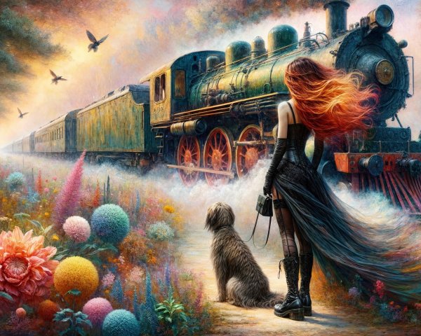 Woman with Red Hair and Dog by Steam Locomotive