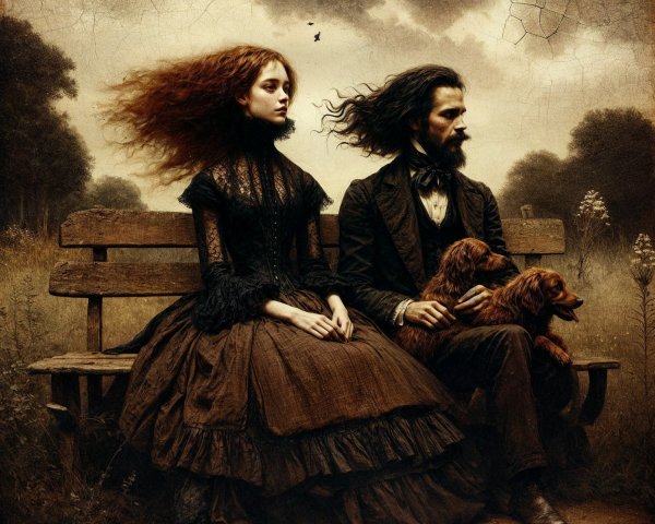 Vintage Scene of a Somber Couple with Dogs in Nature