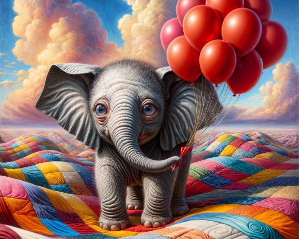 Whimsical Scene of Grey Elephant with Red Balloons