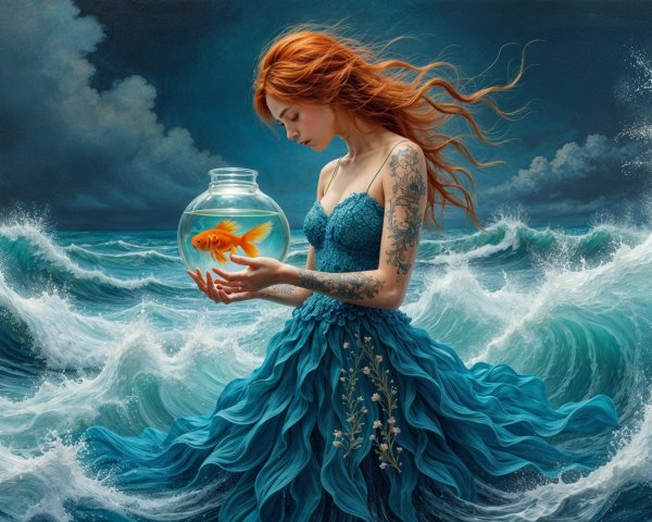 Woman in Teal Dress with Fishbowl by Ocean Waves