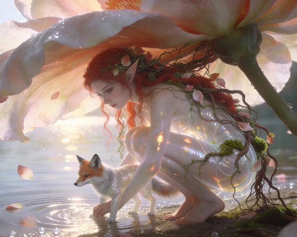 Redheaded fairy and fox by a lake at dusk