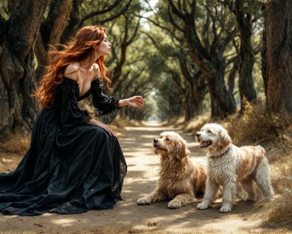 Serene Path with Woman and Golden Retrievers