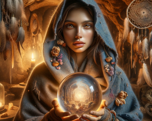 Mystical Figure with Crystal Ball in Dim Cave Setting