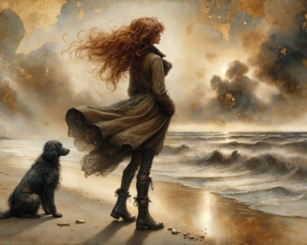 Woman and dog on beach with waves and dramatic sky