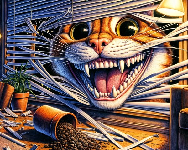 Giant Cartoon Cat Breaking Through Window in Cozy Room