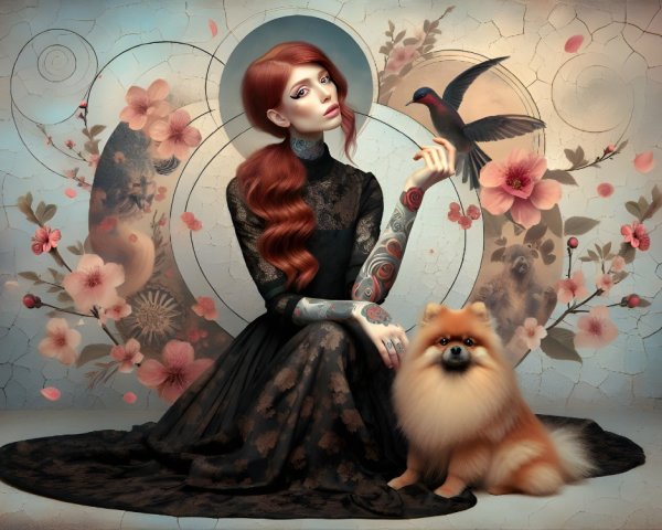 Stylized portrait of a woman with red hair and tattoos
