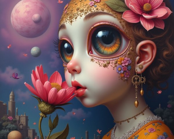 Whimsical Portrait of a Girl in Dreamlike Landscape