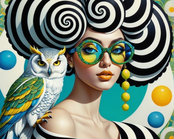 Stylized portrait of a woman with spiral hair and owl