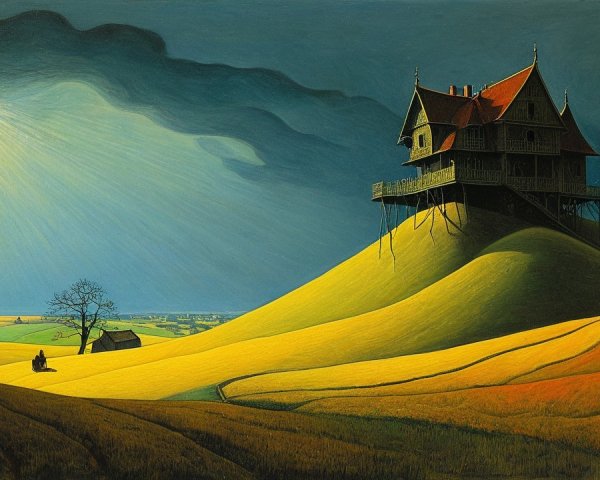 Surreal Landscape with Whimsical House and Fields