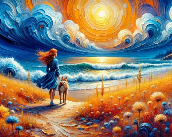 Woman in Blue Dress at Vibrant Beach During Sunset