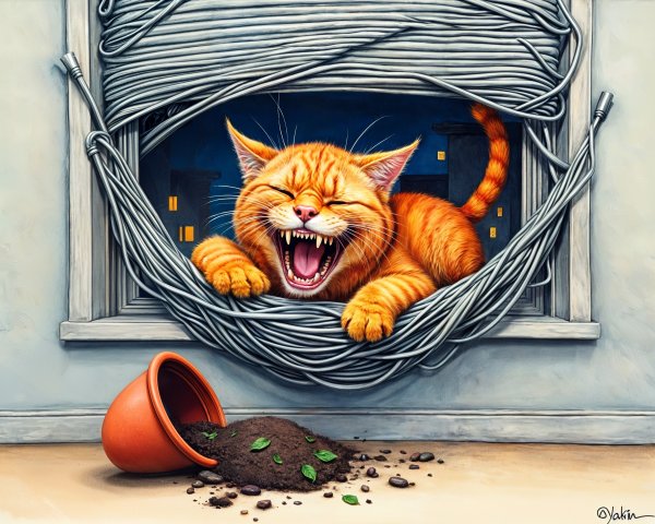 Mischievous Orange Cat in Tangled Window at Night