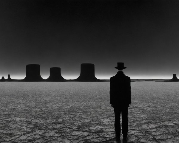 Solitary Figure in Black-and-White Abstract Landscape