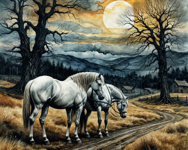 White Horses on a Moonlit Dirt Path with Cabins