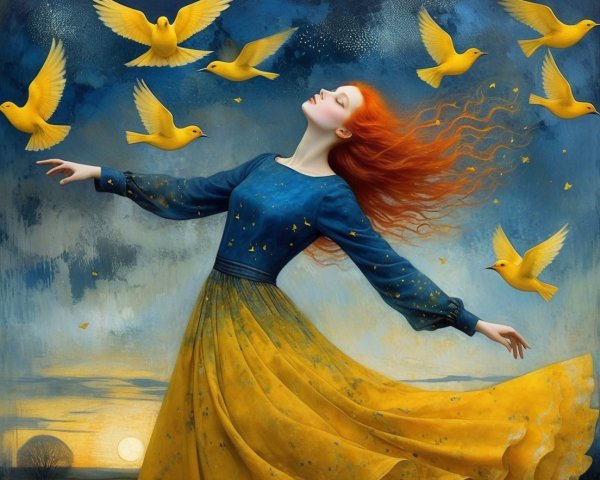 Woman in yellow dress dances under twilight sky