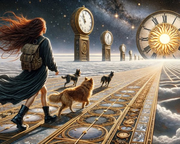 Surreal scene of a woman on a golden clock pathway