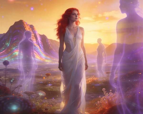 Young Woman in White Dress Surrounded by Ghostly Figures