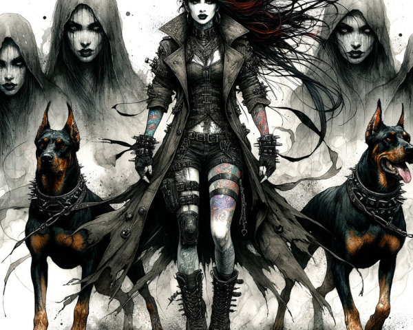 Female Character in Flowing Coat with Doberman Dogs