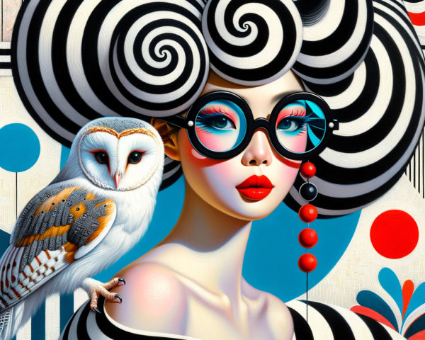 Portrait of a woman with spiral hair and owl companion