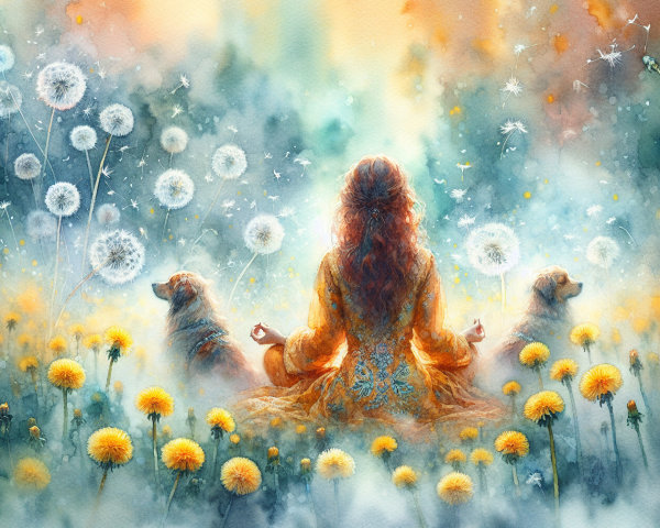 Serene Meditation Scene in Vibrant Flower Field