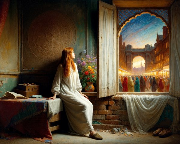 Serene Young Woman in Rustic Room with Market View