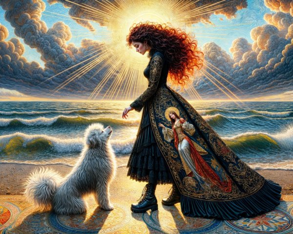 Woman in black dress with dog on a beach scene