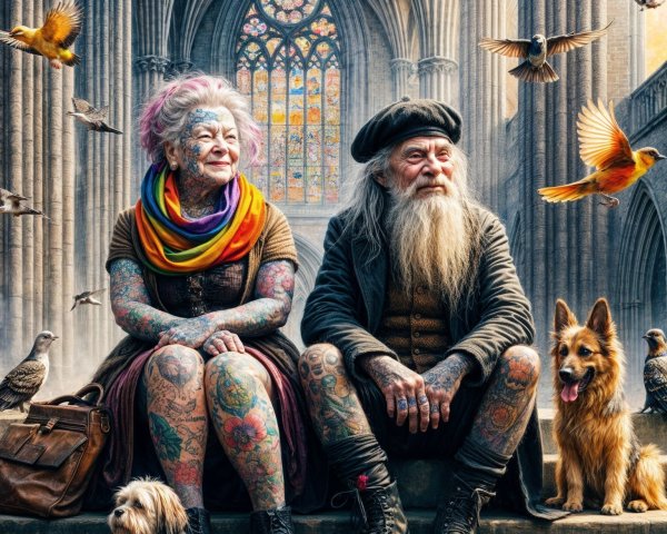 Elderly Couple in Gothic Setting with Vibrant Tattoos