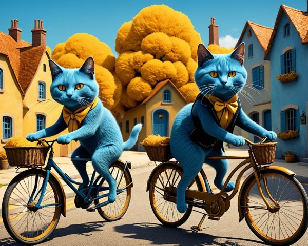 Whimsical Village with Blue Cats on Bicycles