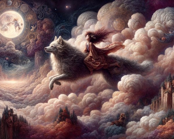 Woman on White Wolf in Dreamlike Landscape