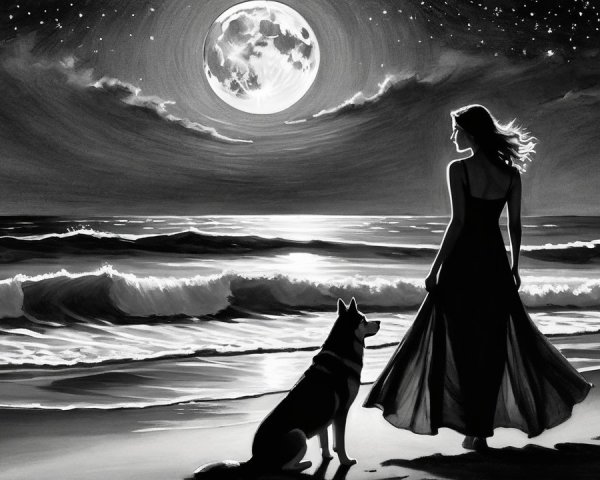 Silhouette of Woman and Dog by Moonlit Beach