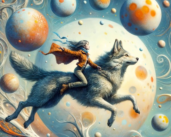 Young girl in orange cape riding wolf in space