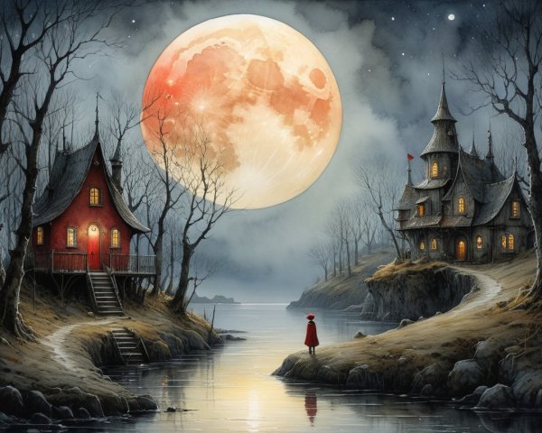 Tranquil River Scene Under Full Moon with Houses