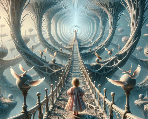 Dreamlike Landscape with Spiraling Bridge and Trees