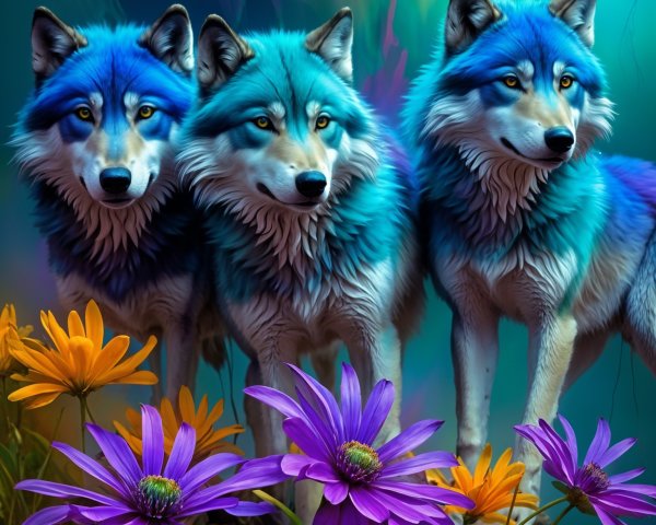 Wolves with Blue Fur in a Flower Field Scene