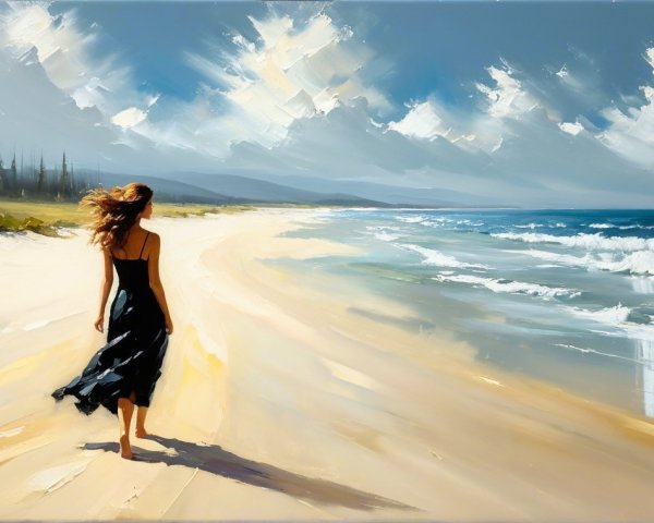 Woman in Black Dress on Serene Beach with Waves