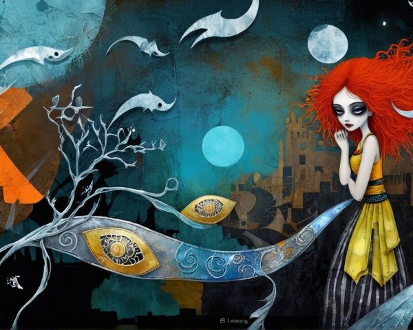 Surreal Scene with Girl and Dreamlike Landscape