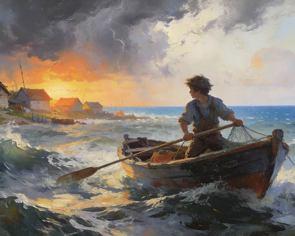 Oil Painting of Boy in Rowboat on Stormy Seas