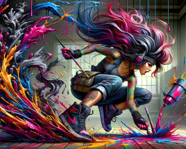 Dynamic Scene of Female Artist Creating with Colorful Paint