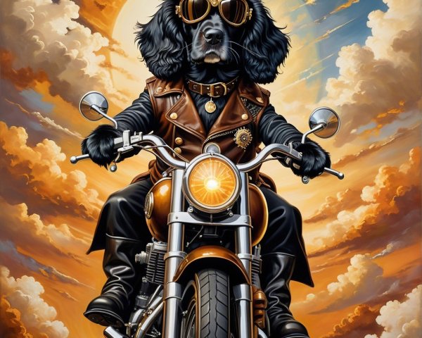 Stylish Dog on Motorcycle Against Dramatic Sunset