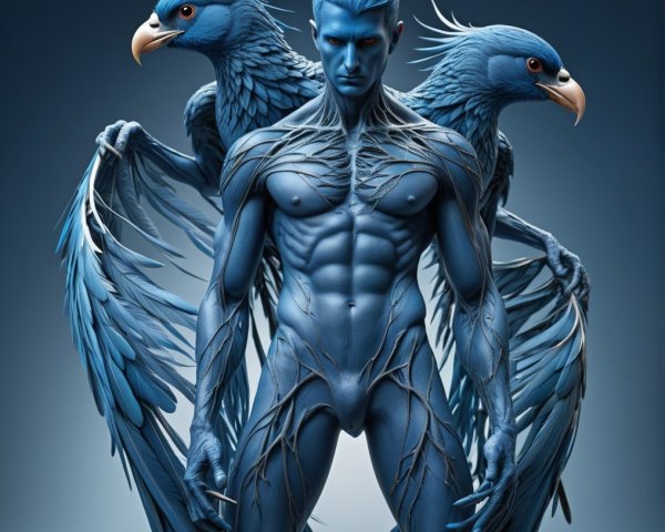 Muscular Blue Figure with Eagle Heads and Wings