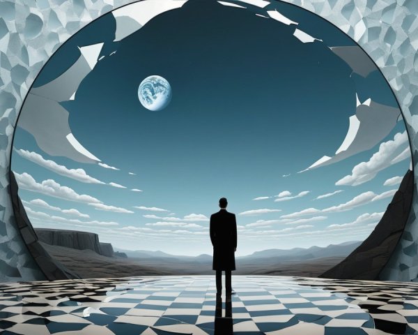 Solitary Figure in Surreal Geometric Room with Earth View