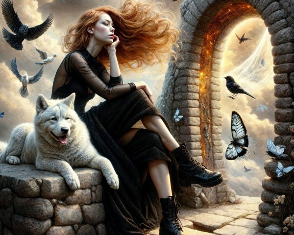 Contemplative Woman and Wolf by Stone Archway