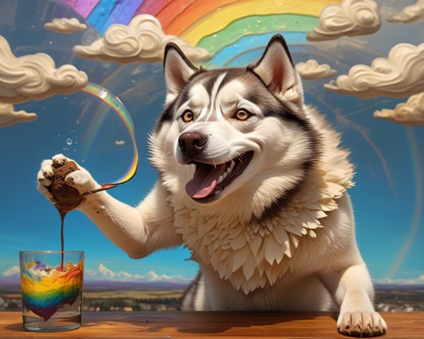 Cheerful husky with dessert and rainbow background