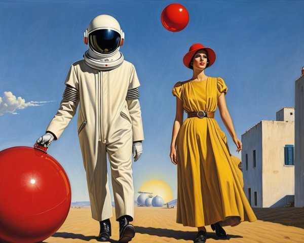 Astronaut and Woman with Balloons in Surreal Landscape